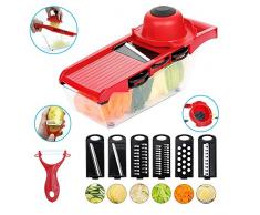 Jazz Pose 6 in 1 Gemüseschneider, Gurkenhobel, Mandoline, Reibe mit Container und Schäler für Salat Gemüse, Kartoffeln, Karotten, Zwiebeln, Gurken, BPA freie (Red)