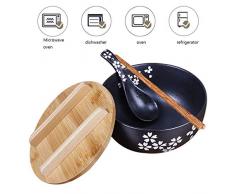 WYL Japaner Salatschüssel aus Keramik, Suppenschüssel mit Deckel, Handgezeichnete große runde Schüssel, spülmaschinengeeignet, Senden Sie Essstäbchen und Löffel