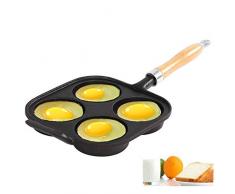 MAIFENGLE Spezialpfanne für Spiegeleier 20cm Gusseisen, 4 Gitter, Antihaft Beschichtung, Pfannkuchen-Omelettpfanne, Speiseöl sparen, Holzgriff,schwarz