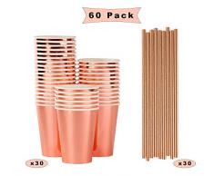 Sunshine smile Rosegold partygeschirr einweg Set,Rosegold partybecher,Papier trinkhalm Becher partygeschirr,Rosegold partygeschirr für Hochzeit Geburtstag Party,Rosegold Becher strohhalme (60 Pack)