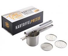 Fully Fresh! Premium Kartoffelpresse aus Edelstahl, rostfrei & spülmaschinenfest, Obst-/Spätzlepresse (Multipresse mit 3 Siebeinsätzen u.a. für Spaghettieis), 350ml | inkl. eBook