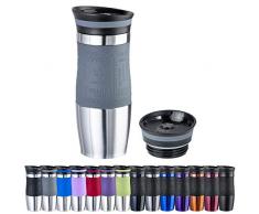 WELLGRO Thermobecher 400 ml + 1 Extradeckel - Edelstahl rostfrei - Silikon Soft-Touch Griffstück - BPA-frei - Isolierbecher doppelwandig - Travel Mug - Kaffeebecher to go, Farbe:Grau