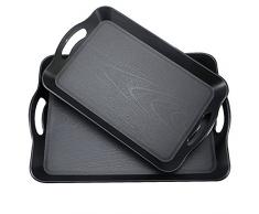 Fecihor Set von 2 Serviertablett Getränke Essen Große Servierplatten Kunststoffschalen mit Griff Schwarz 42 x 28 und 37 x 23 cm