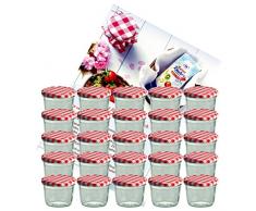 MamboCat 25er Set Sturzglas 230 ml Marmeladenglas Einmachglas Einweckglas to 82 rot Karierter Deckel incl. Diamant-Zucker Gelierzauber Rezeptheft