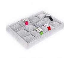 Kanqingqing Schmuckschatulle, Schmuckschatulle, Schmuckschatulle, stapelbar, mit 12 Fächern, Kissen-Tablett, Geburtstagsgeschenk für Mutter, Freundin, Ehefrau, MDF, Samt, PU, Schwarz , 35*24*4.5cm