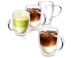 EZOWare Doppelwandige Glas Cappuccino Tassen Set, Isolierte Thermogläser aus Klarglas mit Griffen für Heiße oder Kalte Getränke, Kaffee, Latte, Mochiatto, Wein, Tee - 4er Set, 350 ml