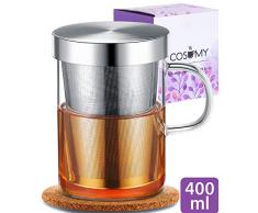 Cosumy Teetasse mit Sieb und Deckel - inkl. Untersetzer - Borosilikat Glas - Tasse 400ml Groß