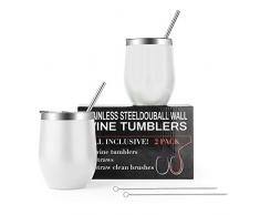 EKKONG 350ml Edelstahl Weingläser - 2er Set - Doppelwand Vacuum Insulated Travel Tumbler mit Deckel, Stroh und Bürsten perfekt für Wein, Kaffee, Getränke, Champagner, Cocktails (Weiß)