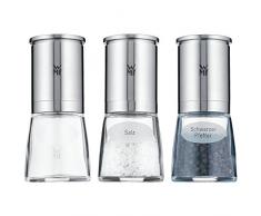 WMF De Luxe Salz und Pfeffermühle Set, 3-teilig, befüllt, Cromargan Edelstahl, Glas, Keramikmahlwerk, Mühle für Salz, Pfeffer, Chillischoten, H 14 cm, Ø 6 cm