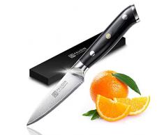 PAUDIN Damast Schälmesser 9cm - Obst und Gemüsemesser Japanisches AU10 Küchenmesser mit ergonomischem schwarzem Micarta-Griff