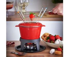 VonShef Fondueset Fondueteller Fondue Geschenkset stylisches rotes Gusseisen emailliert – Perfekt für alle Arten von Fondue