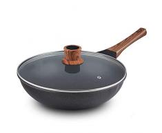 Wok, Wok/Wokpfanne Gusseisen- 30 Cm, Mit Griff In Holzoptik, Auch Für öl- Und Fettfreies Braten, Kratzfeste Antihaftbeschichtung Mit Echten Steinpartikeln, Induktionswok