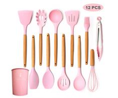 Tauner Küchenutensilien-Set Silikon-Kochutensilien Spatel Turner Zangen-Utensilienset Hitzebeständiges, Nicht klebendes, sicheres Lebensmittel mit Holzgriffen （11 STK.） (Rosa)