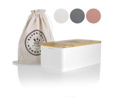 LARS NYSØM Brotkasten I Brotdose in Weiß mit inkludiertem Brotsack aus Leinen für langanhaltende Frische I Brotbox mit hochwertigem Bambusdeckel verwendbar als Schneidebrett I 33x19x12 cm