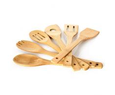 bambuswald© plastikfreies & umweltfreundliches Küchenhelfer Set (6 Stück) aus 100% Bambus | Küchenlöffel z.B. Rührkelle Suppenkelle Nudelschöpfer Kochlöffel-Set Küchenutensilien Salatbesteck Löffel
