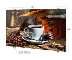 Spritzschutz Glasbild für die Küche Kaffeetasse Bohnen Kaffeemühle Mühle alt (60x40cm)