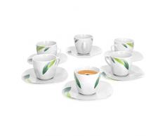 Van Well | 12-TLG. Espressotassen-Set Siena | 6 kleine Porzellan-Tassen 80 ml + 6 Unterteller | Blatt-Dekor grün | edles Porzellan | Gastro-Geschirr