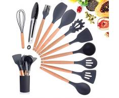 EKKONG Küchenhelfer Set,11 Stücke Silikon Küchenutensilien,mit Holzgriff,Hitzebeständige,Antihaft,Einfach zu säubern,können Hängend,beinhaltet Spachtel,Schneebesen(Schwarz)