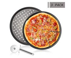 N Rundes Pizzablech,Pizzaset 3-teilig,mit Pizzaschneider KitchenCraft Antihaft-Pizza-Backblech mit Löchern,Backset aus Beschichtetem Carbonstahl,Pizza & Flammkuchen,32cm Ø,grau (2er Pack)
