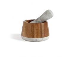 Reibschale mit Pistill Mörser Stößel Marmor Akazienholz (Zerkleinerer, Schlegel, Kräuter Hacken, Gewürzmörser, 12 x 10 cm)