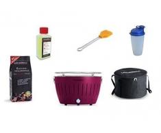 LotusGrill Starter-Set 1x Grill Pflaumenlila mit USB-Anschluß, 1x Buchenholzkohle 1kg, 1x Brennpaste 200ml, 1x Marinierpinsel Mandarinenorange, 1x Dressingshaker, 1x Transport-Tragetasche