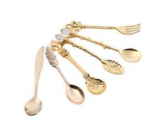 Fdit 6er / Set Besteck Vintage Löffel Dessert Kaffee Rührlöffel Teelöffel EIS Löffel Obst Gabel Royal Style Metall Mini geschnitzt Geschirr Obst Löffel für Küche Esszimmer Bar süße Snacks(Golden)