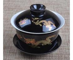 YBK Tech Porzellan Kung Fu Tee Tasse und Untertasse mit Deckel, traditioneller chinesischer Gaiwan sancai Damen Tee Schale Tee Set Drache Muster schwarz