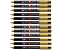 Uni Posca PC-1MR Paint Marker Permanentstift Ultra fein Goldfarben Colour Pen Set Handy Tablet Pen 0,7 mm Schreibspitze Feder Kapsel Heber Kaliber schreibt auf jedem Untergrund Glas Metall Kunststoff (12 Stück) Stone Wood Stoff