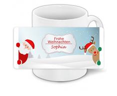 Weihnachts-Tasse mit Namen Sophia und schönem Weihnachtsmotiv mit Weihnachtsmann, Rentier und Schneelandschaft