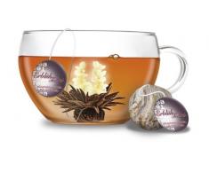 Creano Erblüh-Teelini schwarztee Geschenk-Set schwarzer Tee 8 ErblühTeelini fein aromatisiert, 1 Teelini Glas-Teetasse 200 ml mit Deckel, der erste ErblühTee in Tassenformat