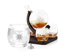 Murrano Whisky Karaffe mit Gravur - Globus mit Schiff, 850 ml - 4er Whiskygläser Set - Whisky Dekanter - Personalisiert - Windrose
