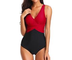 PANOZON Damen Badeanzug mit V-Form Ausschnitt bauchweg Monokini Rückenfrei Cut Out Push-up Bikini Elegant Grace U-Back (Rot, M)
