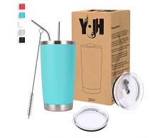 Y·J&H 20oz (550ml) Doppelwandig Vakuum Isolierter Autobecher, Edelstahl Reiseflasche, Thermobecher Kaffee to Go mit 2 Spritzfestem Deckel 2 Strohhalm, Rohrbürste,BPA Free - Türkis