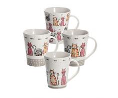 4 Set große Tassen Kaffeebecher Mugs Keramik Porzellan, Spülmaschinenfest weiß mit Katzen Design, Schöne Geschenkideen für Katze und Tier Liebhaber Geschenke