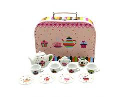 GICO Tee Service Set für Kinder im Koffer aus Hartpappe mit Porzellangeschirr 14 -TLG - Cupcakes-