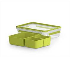 Emsa Lunch- und Snackbox mit 3 praktischen Einsätzen und Deckel, Volumen: 1,2 Liter, Transparent/Grün, Clip & Go, 518100