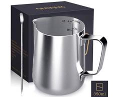 Milchkännchen,DINGHENG Milk Pitcher 350ml / 12 fl.oz. Milchkanne aus Edelstahl Milch Aufschäumen Krug Art Aufschäumkännchen＋ Latte Art Pen / Barista Stift, Silber