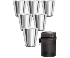 Outdoor Saxx® - 7-Teiliges Edelstahl-Becher Set, 6 unzerbrechliche Schnaps-Becher, Schnaps-Gläser aus Metall, Metall-Becher mit Leder-Tasche, ideales Flachmann-Zubehör, Tolle Geschenk-Idee!