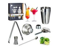 Relaxdays Cocktailset 5-teilig, rostfreier Edelstahl, Shaker, Sieb, Barlöffel, Zange, Cocktail Shaker, Barmaß, silber