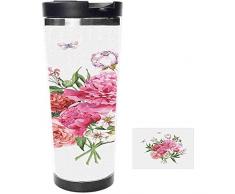 Travel Mug-Vintage Aquarell-Stil Blumenstrauß als Rosen und Pfingstrosen mit Schmetterlingen Edelstahl Kaffeetasse & Tasse-Thermotasse mit Spritzwassergeschütztem Schiebedeckel-16oz