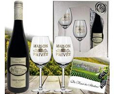 DAS Rotwein-Set | inkl. 2 Rotweingläsern | Cabernet Sauvignon aus Frankreich (Bordeaux) |in der Geschenk-verpackung Silverstar |zwei Rotwein-kelche mit Echt-Gold Emblem