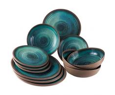 Melamin bruchfest Campinggeschirr 4 Personen 12 Teile aus jeweils 4x Teller, Dessertteller und Schalen/Schüsseln spülmaschinengeeignet in Tonoptik Geschirr Essgeschirr Geschirrset für Picknick Kinder