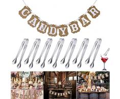 REYOK Candy Bar Zubehör Set,Candy Bar Girlande Banner mit 6 Stücke Edelstahl Zuckerzange Zangen Candybar, Eiswürfelzange 11cm für Candybar Deko Süßigkeiten Candy Salat Servierzange in Hochzeit Party