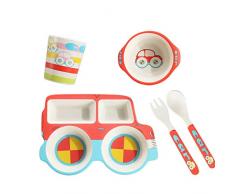 Schüssel Kinderbesteckset Bambusfaser-Cartoon-Autoteller Babyreisschale bruchsicheres Essschalengeschenk (Color : Red)