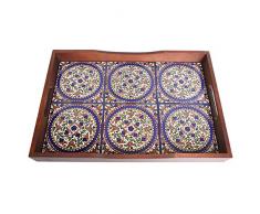 Casa Moro Orientalisches Serviertablett Karim XL10 aus Echtholz 46x32x5 cm (B/T/H) rechteckig mit Griffen | Holz-Tablett mit handbemalten Fliesen | Tablett für Küche Service Frühstück Deko | T1210