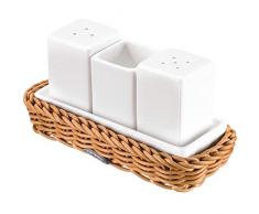 Saleen Körbchen mit Menage aus Porzellan, Salz-/Pfefferstreuer und Zahnstocher-Halter, Gastrotauglich, Körbchen-Maße: 16,3 x 9,5 x 2,5 cm, Kunststofffaser/Porzellan, Beige/Weiß, 02102204160