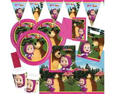 spielum 58-teiliges Party-Set Mascha und der Bär Teller Becher Servietten Tischdecke Einladungen Partytüten Wimpelkette Trinkhalme für 6 - 8 Kinder