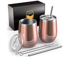 FloweryOcean Weingläser aus Edelstahl, Weinbecher 12OZ Stemless Edelstahl weinglas Doppelwandigen ohne Stiel Isolierte Auslaufsicher Vakuumisoliert Rotweingläser für Wein, Champagner, (Roségold)