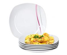 Van Well | 6er Set Speiseteller Melina | 25.5 x 25.5 cm | Essteller groß | Servier-Platte | abstraktes Design | Streifen-Dekor | grau-lila | edles Porzellan