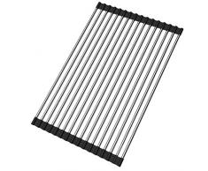 Aufrollbarer Spülen-Abtropfer, Hisome Abtropfgitter Abtropfgestell Multifunktionaler Faltbarer Abtropfgitter, 50 x 33CM Faltbarer Edelstahl für Spültuchhalter, Teller, Tassen, Gemüse (Schwarz)